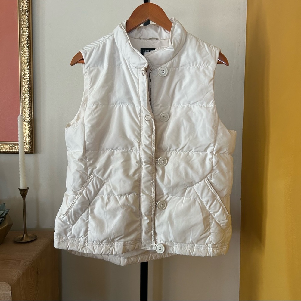 J. Crew Women’s Down Fill‎ Puffer Vest Full Zip Buttons White Style 70453 Size L